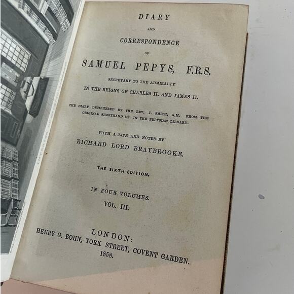 Diary of Samuel Pepys Volume III - Leather-bound marbled book - 1858, 6th edit. - Picture 3 of 9